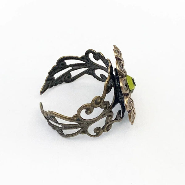 Green Crystal Victorian Floral Ring
