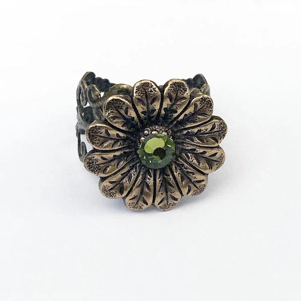Green Crystal Victorian Floral Ring