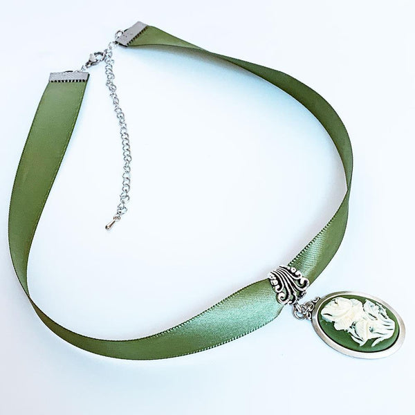Green Ribbon Flower Cameo Necklace