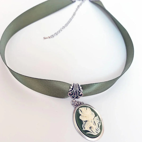 Green Ribbon Flower Cameo Necklace