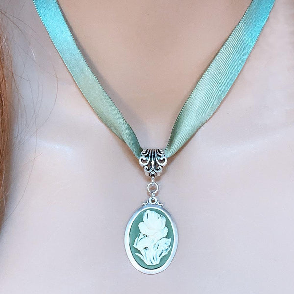 Green Ribbon Flower Cameo Necklace