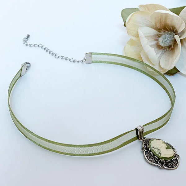 Green Ribbon Green Cameo Victorian Choker