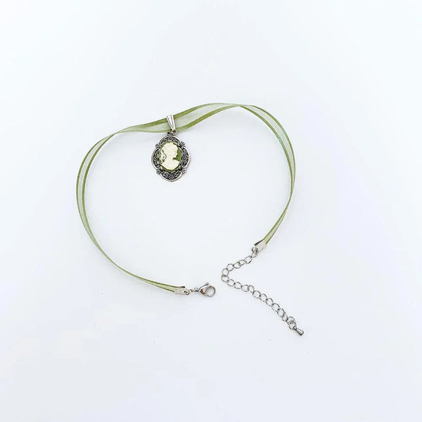 Green Ribbon Green Cameo Victorian Choker