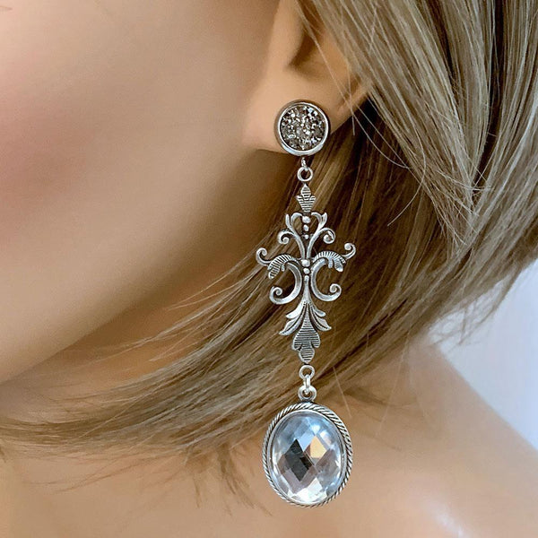 Grey Druzy Clear Crystal Victorian Drop Dangle Earrings