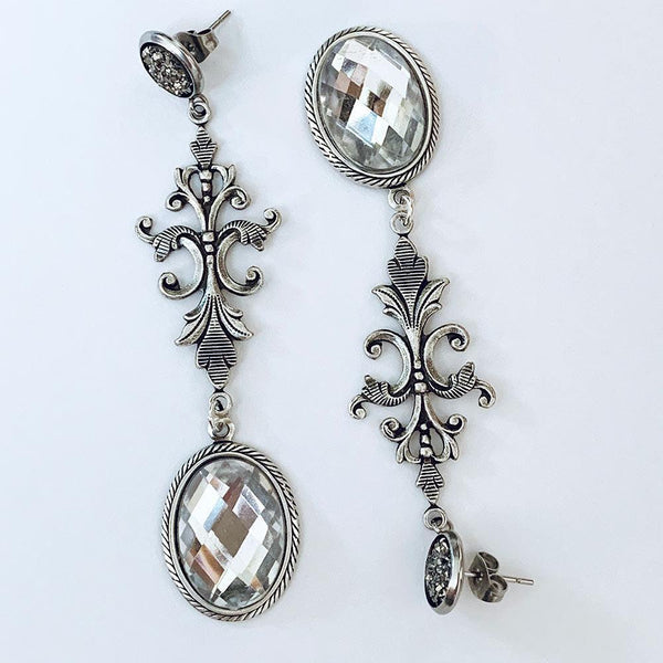 Grey Druzy Clear Crystal Victorian Drop Dangle Earrings