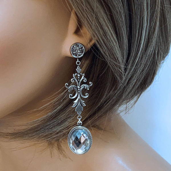 Grey Druzy Clear Crystal Victorian Drop Dangle Earrings