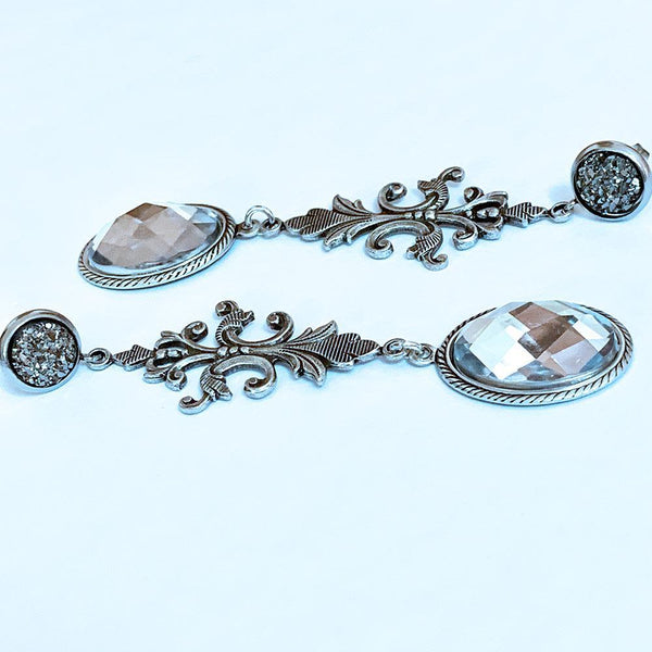 Grey Druzy Clear Crystal Victorian Drop Dangle Earrings