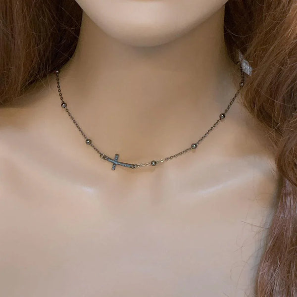 Gunmetal Chain Sideways Cross Necklace
