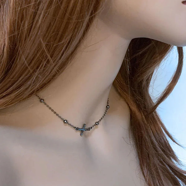 Gunmetal Chain Sideways Cross Necklace