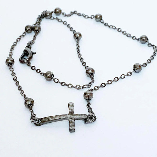Gunmetal Chain Sideways Cross Necklace