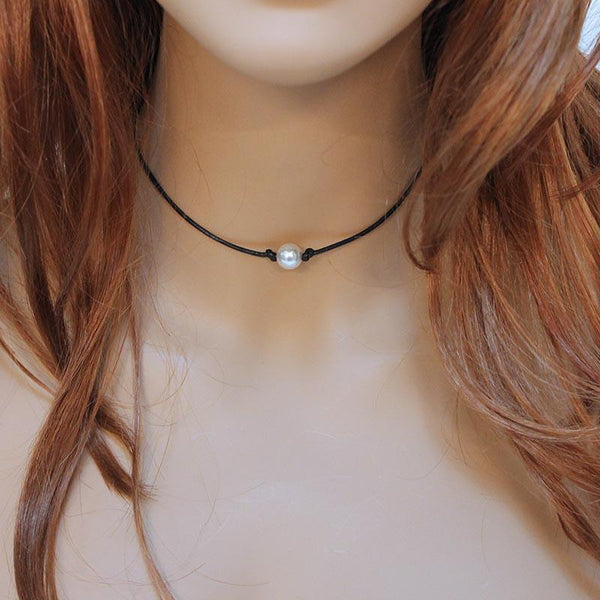 Handmade Single Pearl Black Leather Choker Necklace