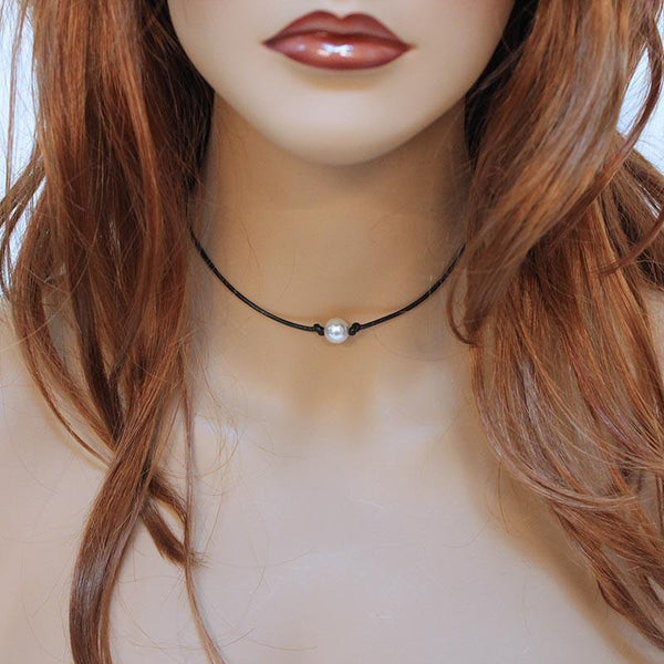 Handmade Single Pearl Black Leather Choker Necklace
