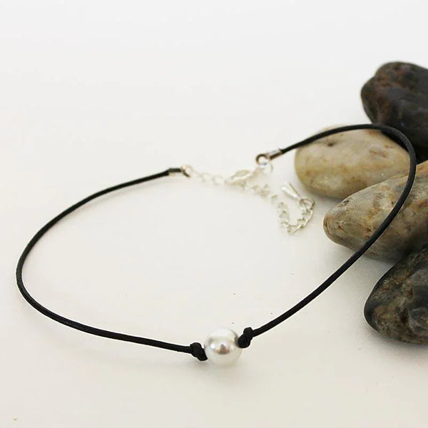 Handmade Single Pearl Black Leather Choker Necklace