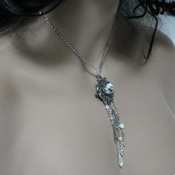Handmade Victorian Negligee Necklace with Asymmetric Dangles