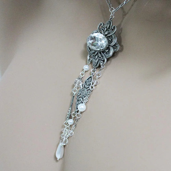 Handmade Victorian Negligee Necklace with Asymmetric Dangles
