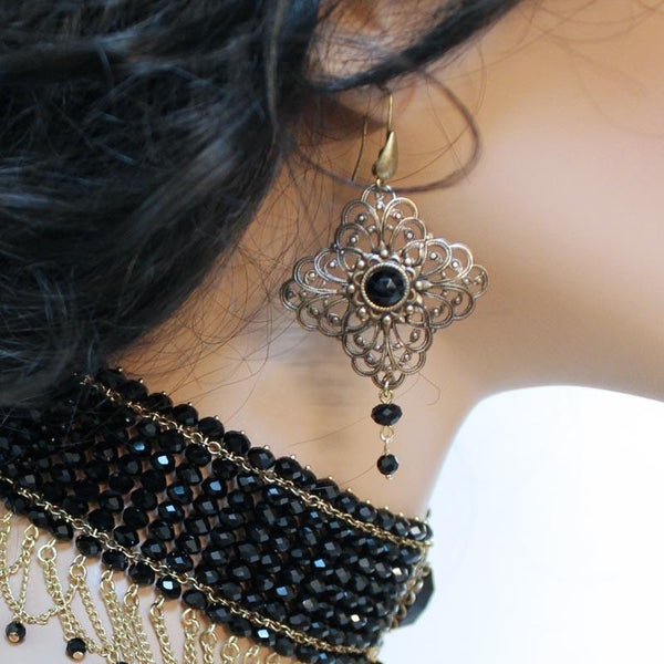 Long Brass Filigree Victorian Dangle Earrings