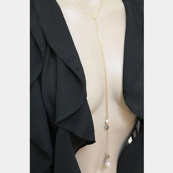 Long Gold Lariat Necklace Backdrop with Pearls and Crystals