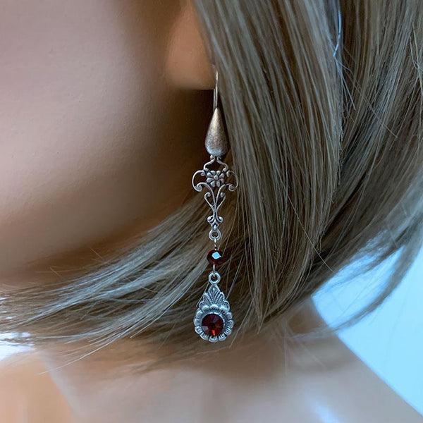 Long Red Crystal Victorian Earrings