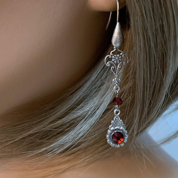 Long Red Crystal Victorian Earrings