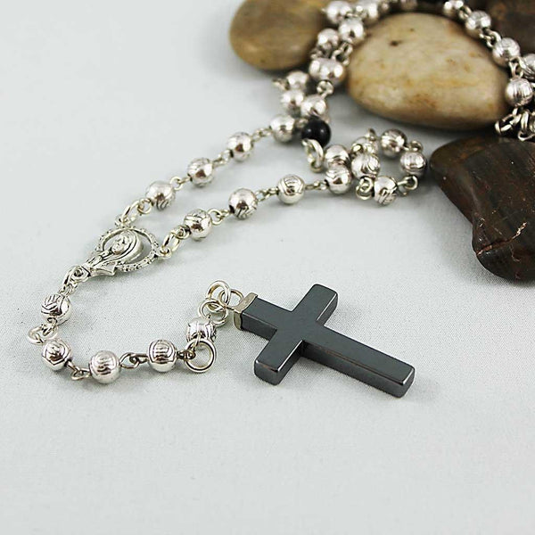 Long Silver Beaded Spiritual Rosary Necklace