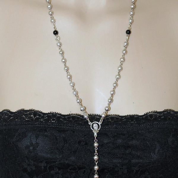 Long Silver Beaded Spiritual Rosary Necklace