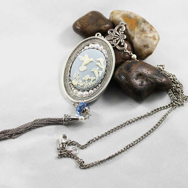 Long Victorian Blue Cameo Pendant Necklace