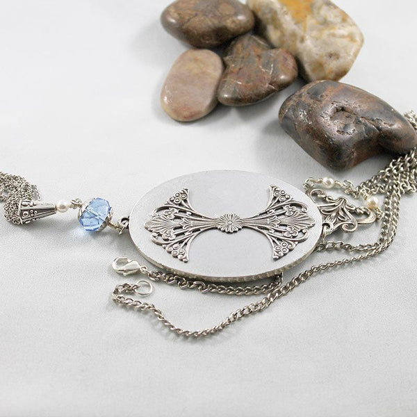 Long Victorian Blue Cameo Pendant Necklace