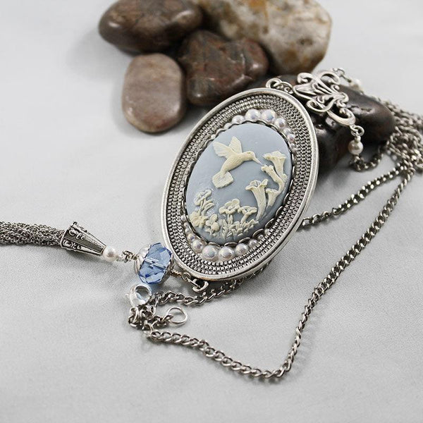 Long Victorian Blue Cameo Pendant Necklace