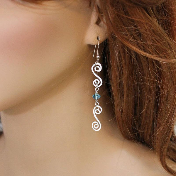 Long Wire Wrapped Blue Crystal Dangle Earrings