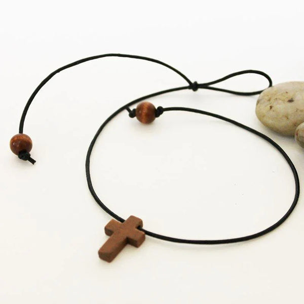 Men's Black Leather Wooden Cross Spiritual Choker Necklace