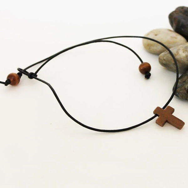 Men's Black Leather Wooden Cross Spiritual Choker Necklace