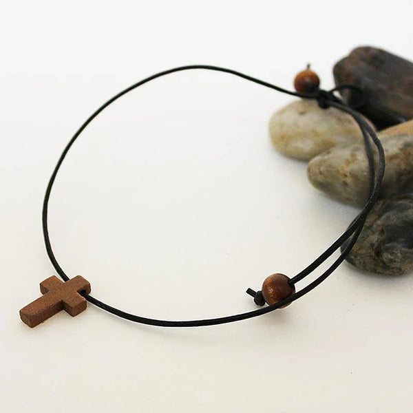 Men's Black Leather Wooden Cross Spiritual Choker Necklace