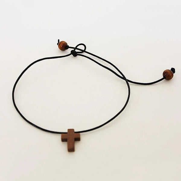 Men's Black Leather Wooden Cross Spiritual Choker Necklace
