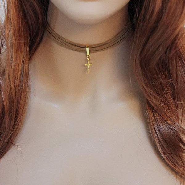Multi Strand Brown Suede Cross Choker