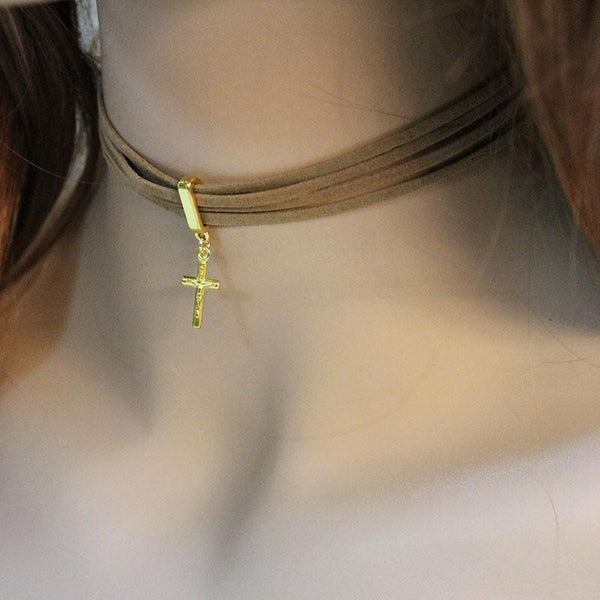 Multi Strand Brown Suede Cross Choker