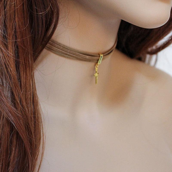Multi Strand Brown Suede Cross Choker