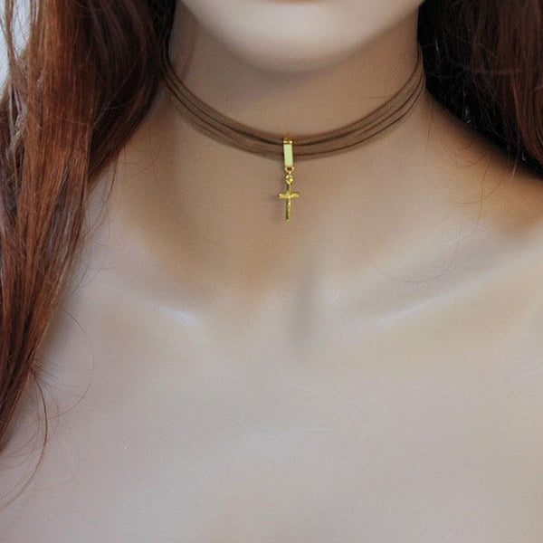 Multi Strand Brown Suede Cross Choker