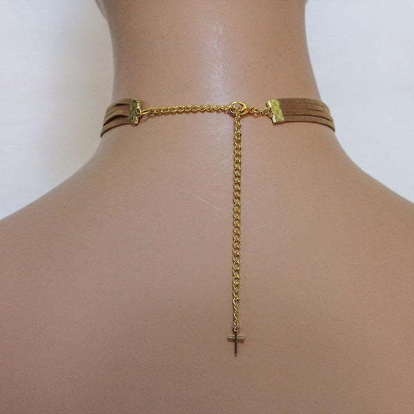Multi Strand Brown Suede Cross Choker