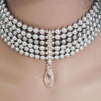 Multi Strand Grey Pearl Choker, Crystal Choker Necklace