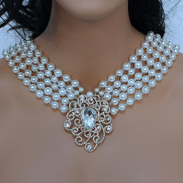 Multi Strand Pearl Bridal Statement Necklace