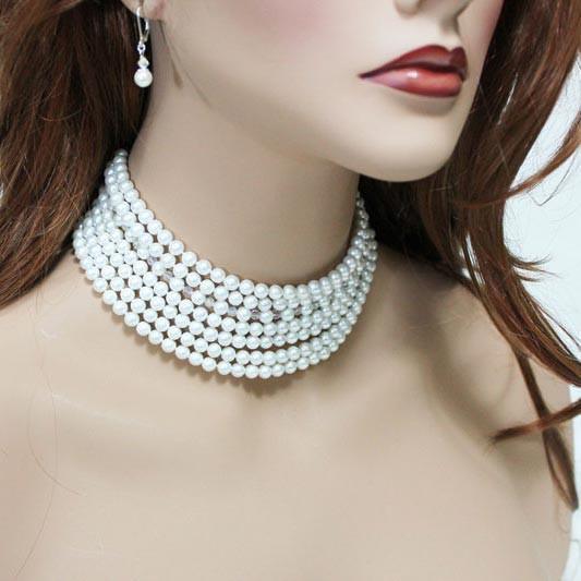 Multi Strand Pearl Crystal Statement Necklace