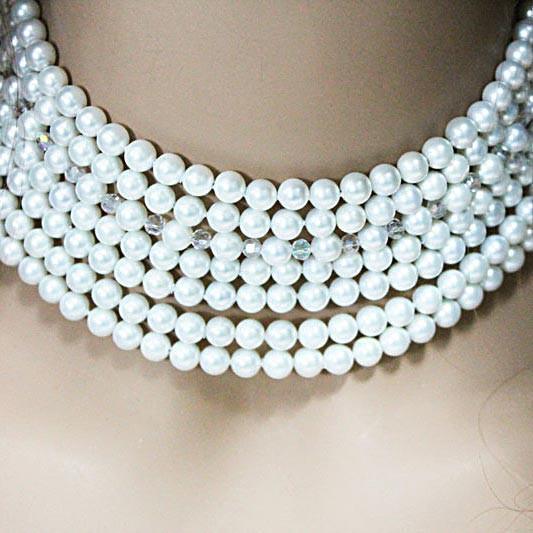 Multi Strand Pearl Crystal Statement Necklace