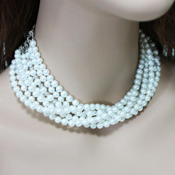 Multi Strand Pearl Crystal Statement Necklace