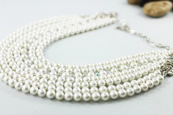 Multi Strand Pearl Crystal Statement Necklace
