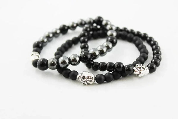 Onyx Hematite Bead Stretch Stacking Skull Bracelet
