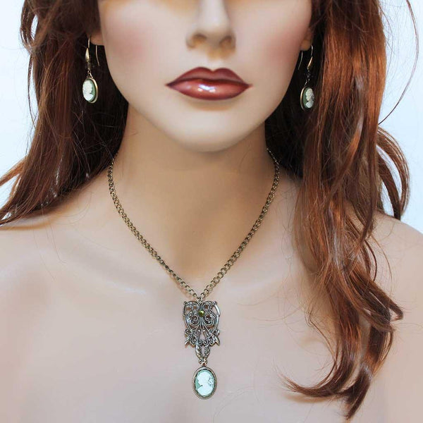 Ornate Brass Green Cameo Pendant Victorian Necklace