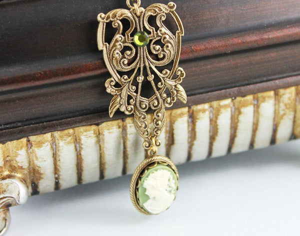 Ornate Brass Green Cameo Pendant Victorian Necklace