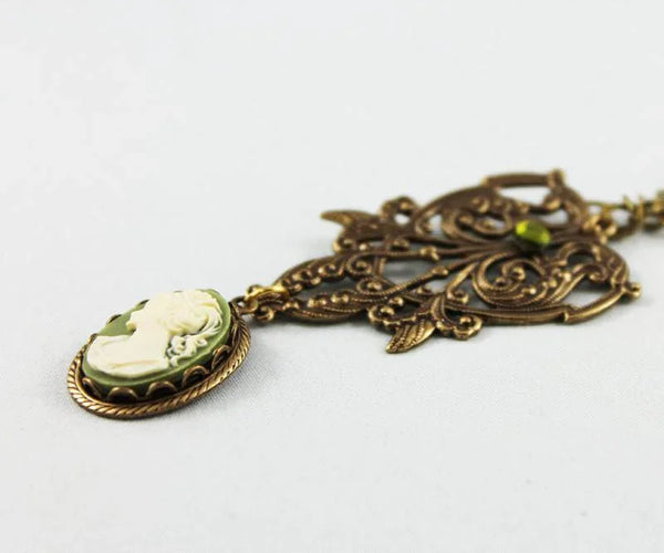Ornate Brass Green Cameo Pendant Victorian Necklace