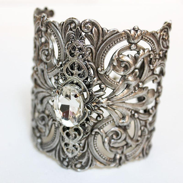 Ornate Silver Bridal Cuff Bracelet