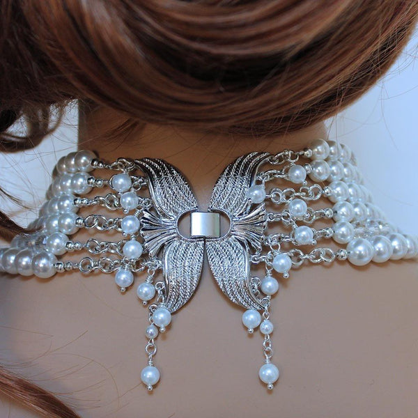 Pearl Crystal Multi Strand Bridal Statement Necklace